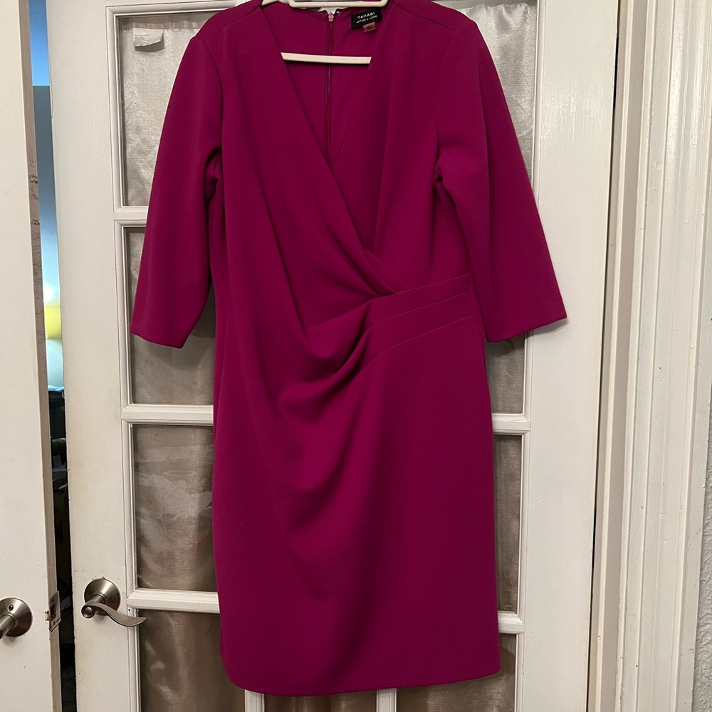 magenta fake wrap dress, to the knee